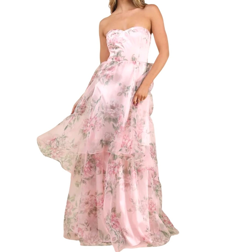 NWT Lulus Truly Extraordinary Pink Floral Organza Strapless Maxi‎ Dress Size L